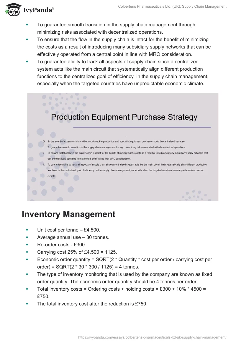 Colbertens Pharmaceuticals Ltd. (UK): Supply Chain Management. Page 3
