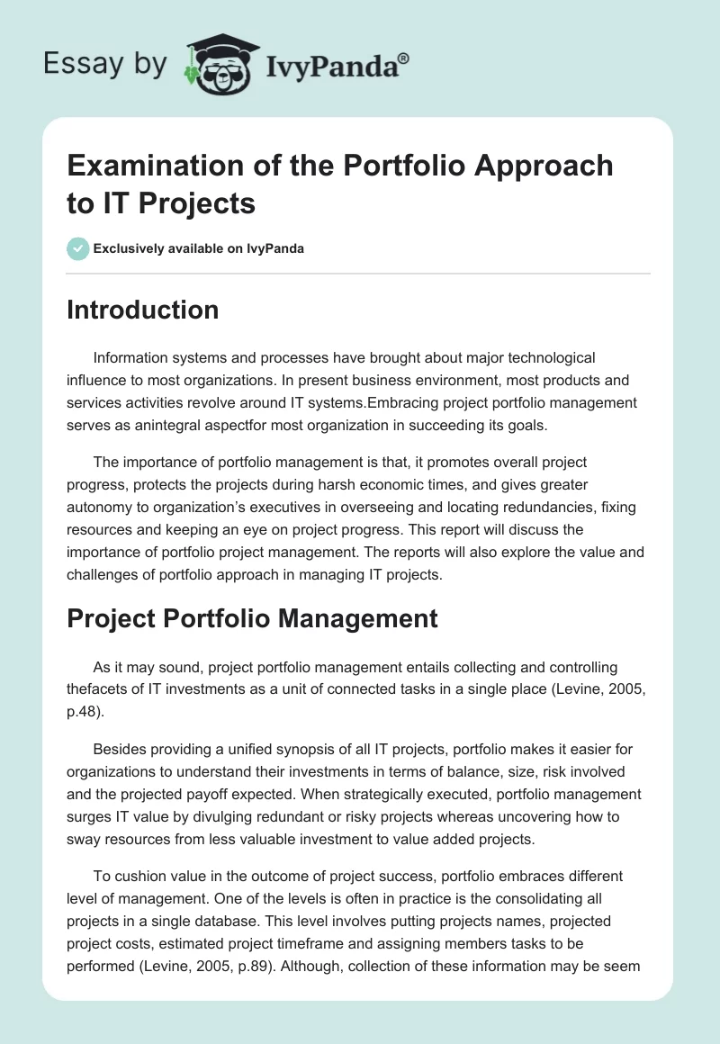Examination of the Portfolio Approach to IT Projects. Page 1