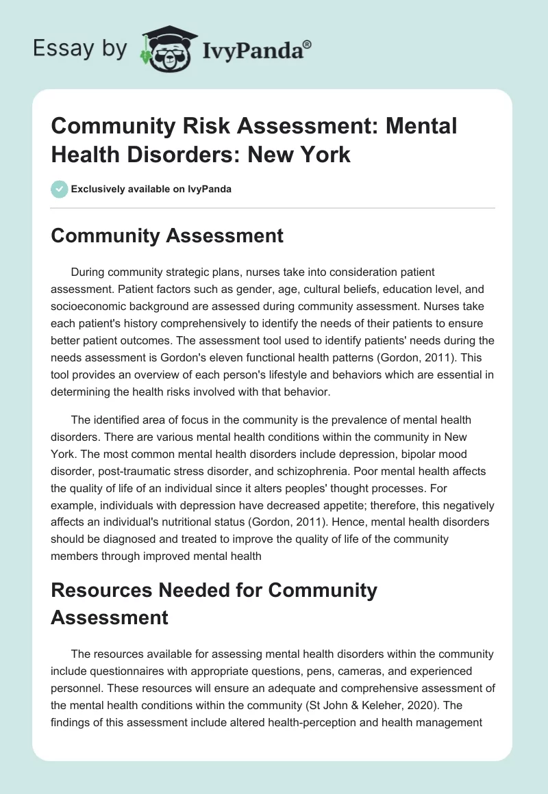 Community Risk Assessment: Mental Health Disorders: New York. Page 1