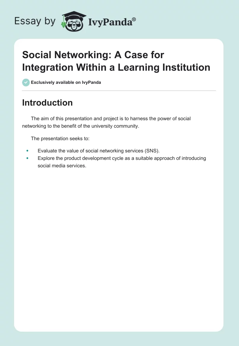 Social Networking: A Case for Integration Within a Learning Institution. Page 1