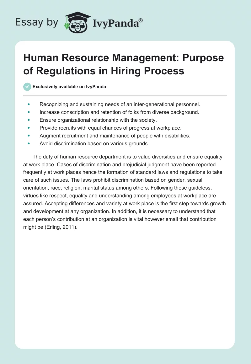 Human Resource Management: Purpose of Regulations in Hiring Process. Page 1