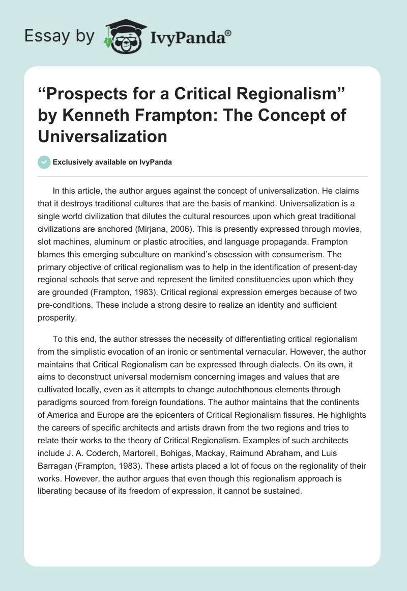 “Prospects for a Critical Regionalism” by Kenneth Frampton: The Concept of Universalization. Page 1