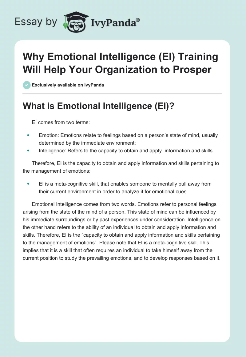 Why Emotional Intelligence (EI) Training Will Help Your Organization to Prosper. Page 1