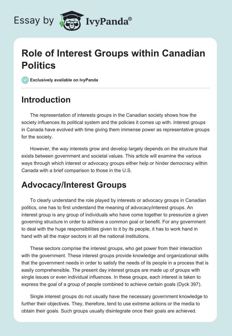 Role of Interest Groups within Canadian Politics. Page 1