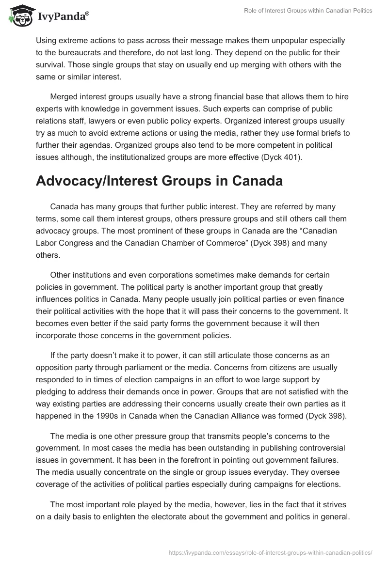 Role of Interest Groups within Canadian Politics. Page 2