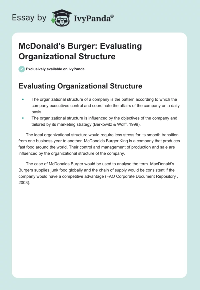 McDonald’s Burger: Evaluating Organizational Structure. Page 1