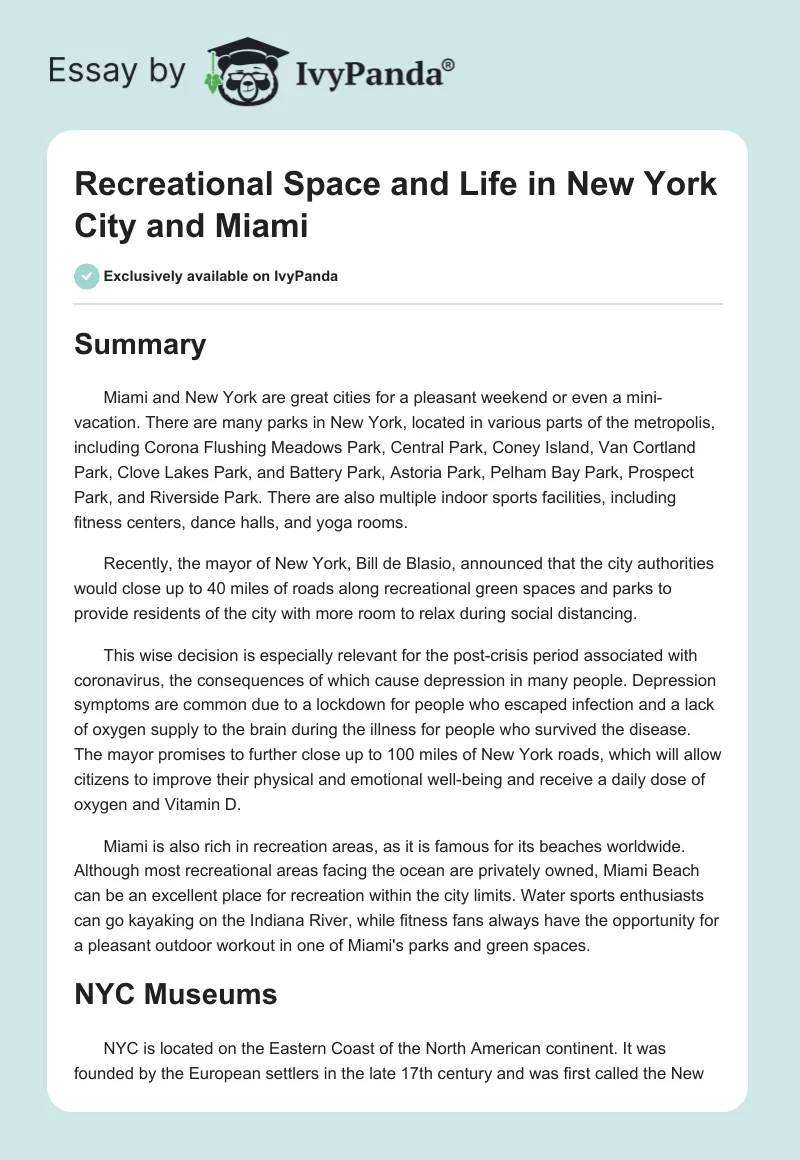 Recreational Space and Life in New York City and Miami. Page 1