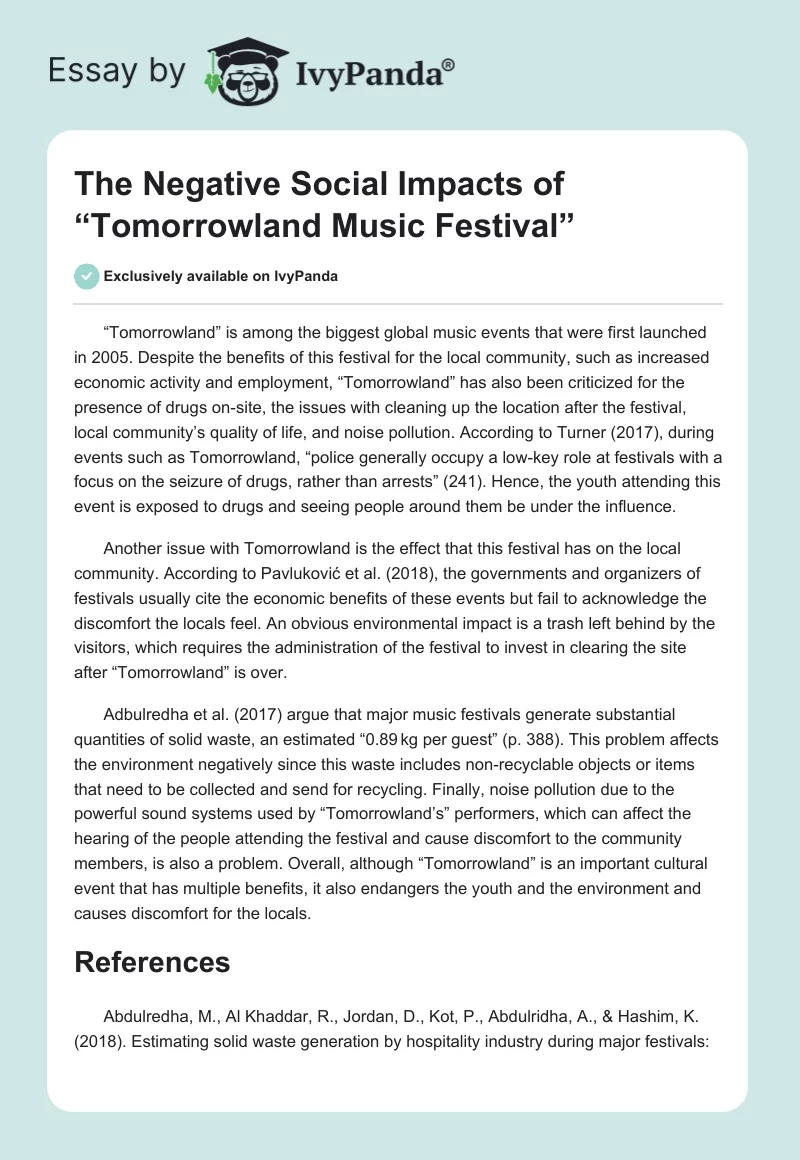 The Negative Social Impacts of “Tomorrowland Music Festival”. Page 1