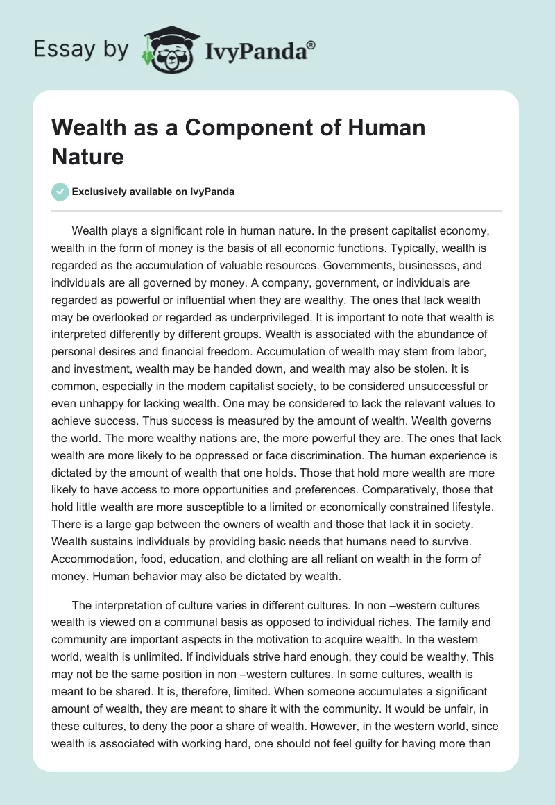 Wealth as a Component of Human Nature. Page 1