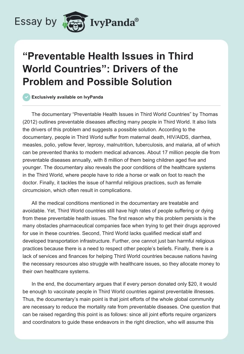 “Preventable Health Issues in Third World Countries”: Drivers of the Problem and Possible Solution. Page 1
