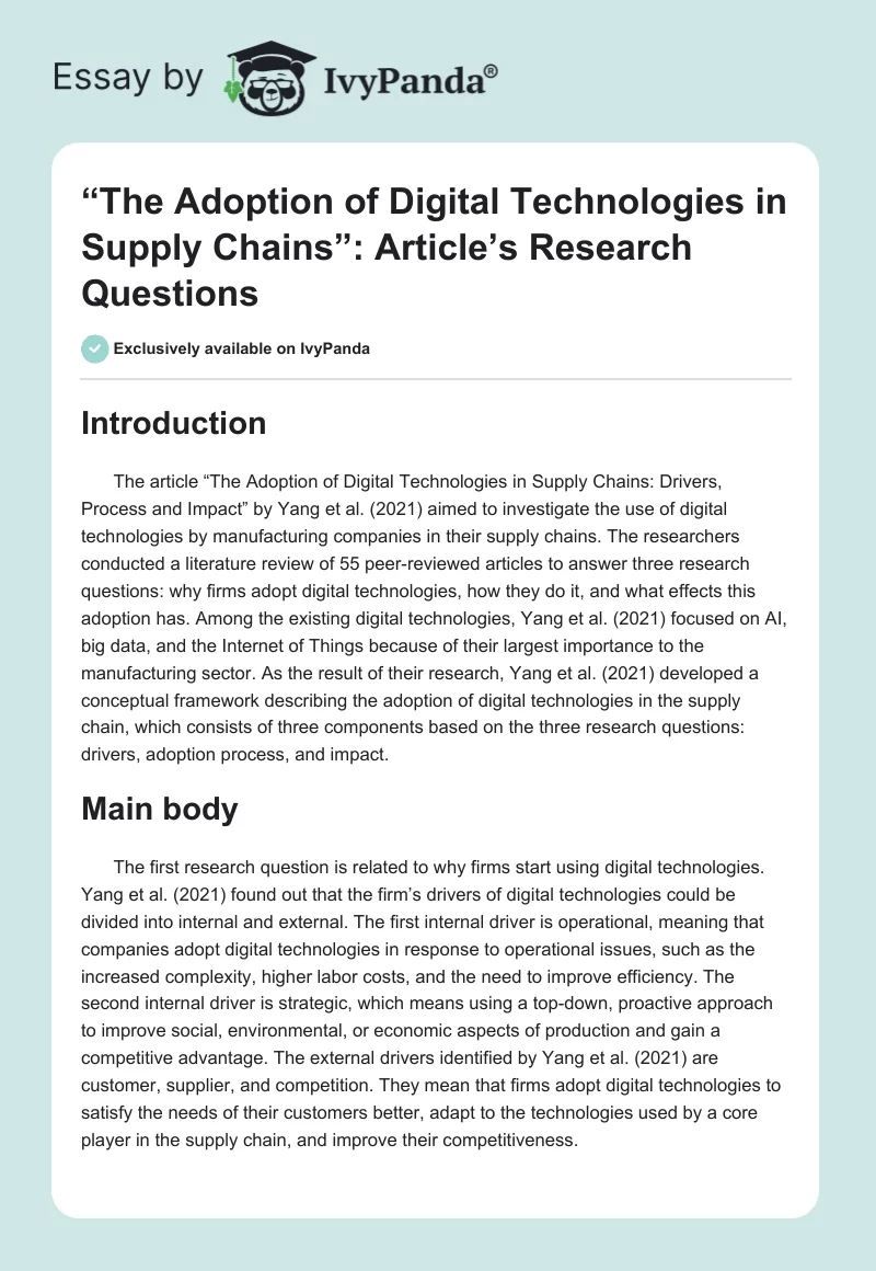 “The Adoption of Digital Technologies in Supply Chains”: Article’s Research Questions. Page 1