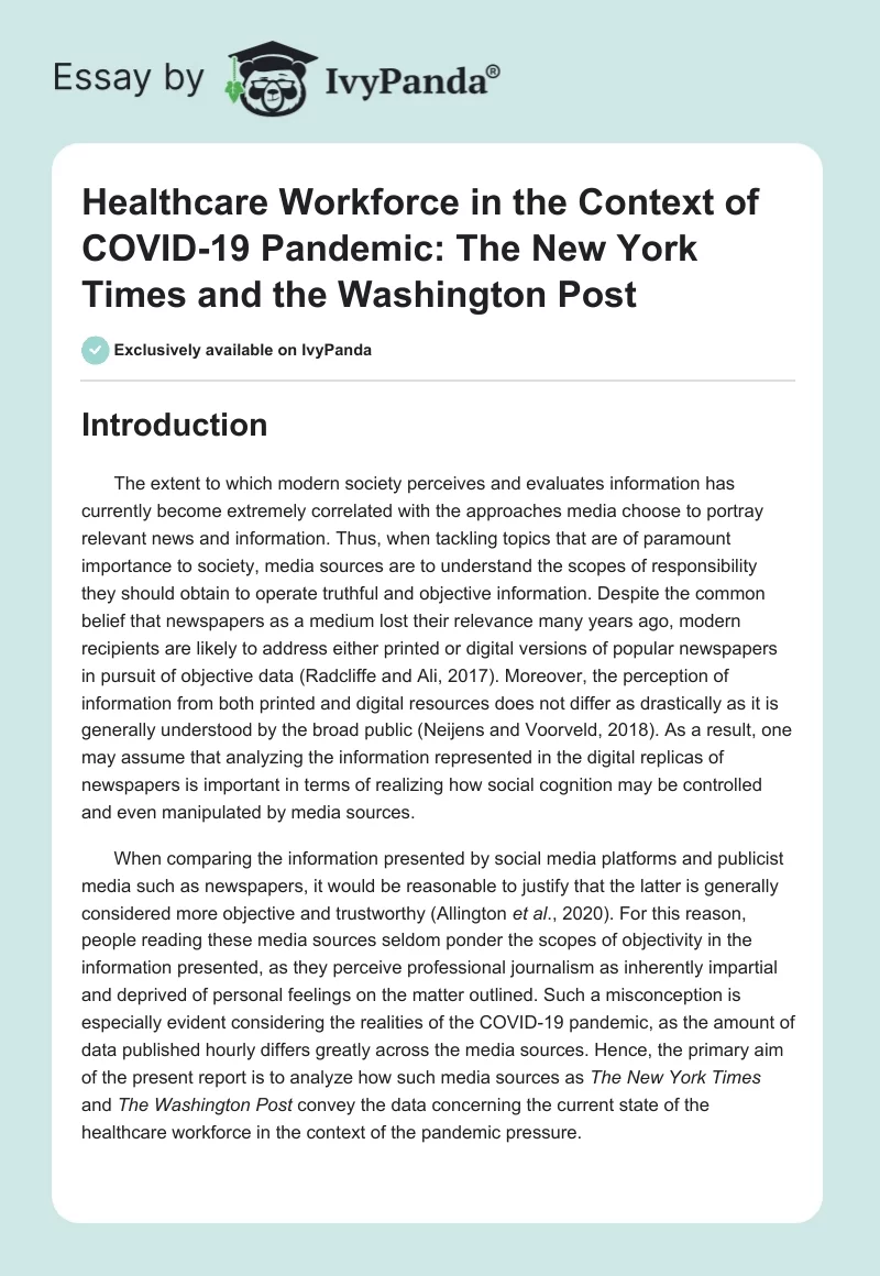 Healthcare Workforce in the Context of COVID-19 Pandemic: The New York Times and the Washington Post. Page 1