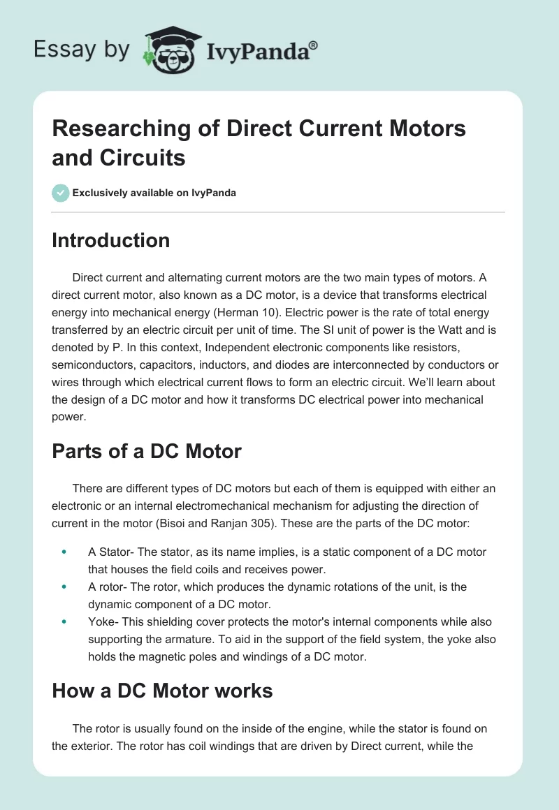 Researching of Direct Current Motors and Circuits. Page 1