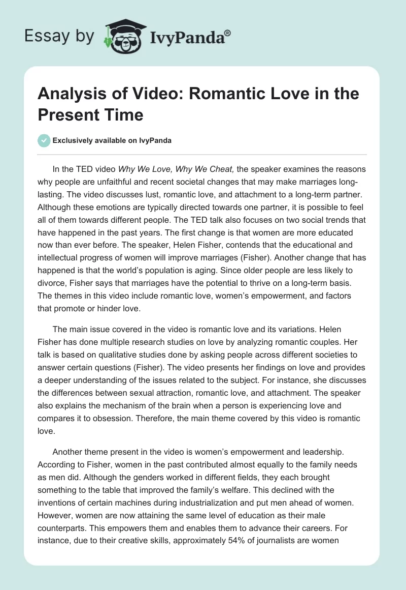Analysis of Video: Romantic Love in the Present Time. Page 1
