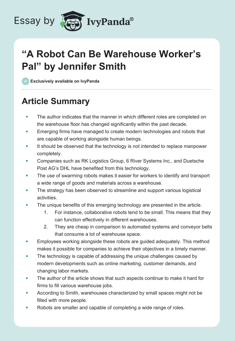 “A Robot Can Be Warehouse Worker’s Pal” by Jennifer Smith. Page 1