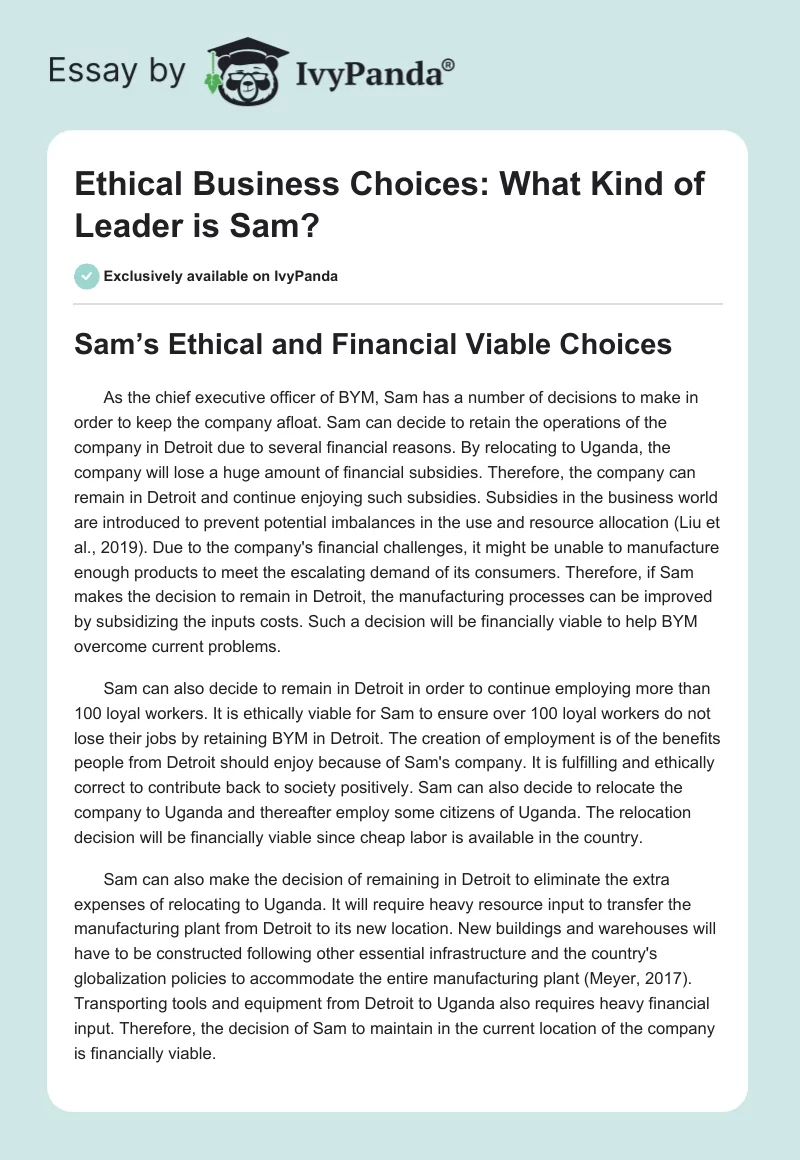 Ethical Business Choices: What Kind of Leader is Sam?. Page 1