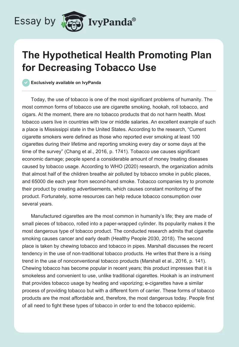 The Hypothetical Health Promoting Plan for Decreasing Tobacco Use. Page 1