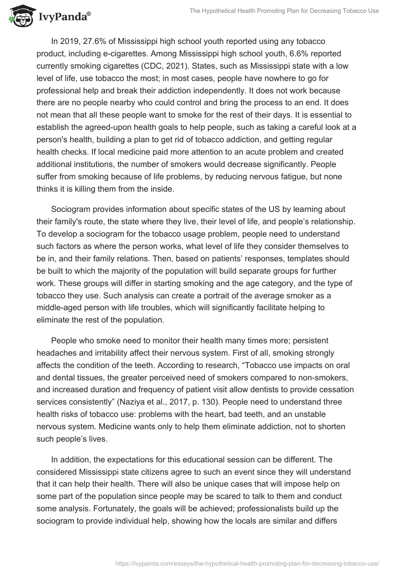 The Hypothetical Health Promoting Plan for Decreasing Tobacco Use. Page 2