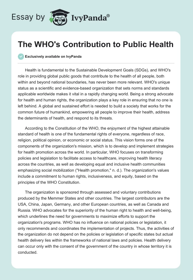 The WHO's Contribution to Public Health. Page 1