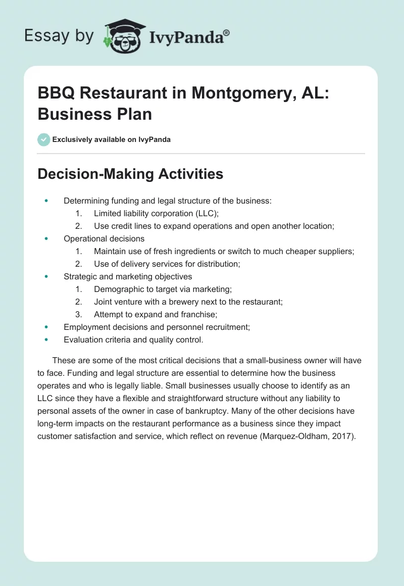 BBQ Restaurant in Montgomery, AL: Business Plan. Page 1