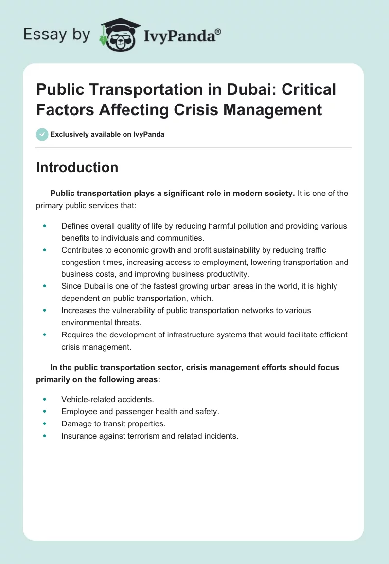 Public Transportation in Dubai: Critical Factors Affecting Crisis Management. Page 1