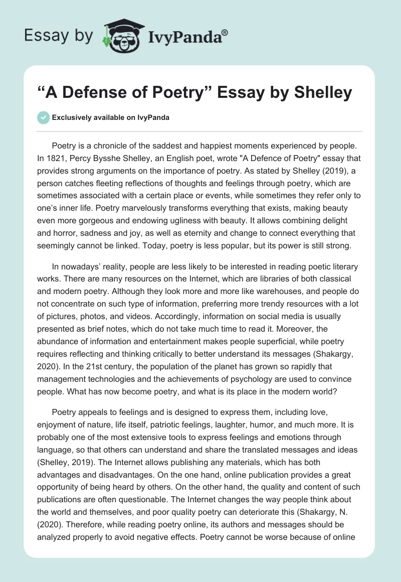 “A Defense of Poetry” Essay by Shelley. Page 1