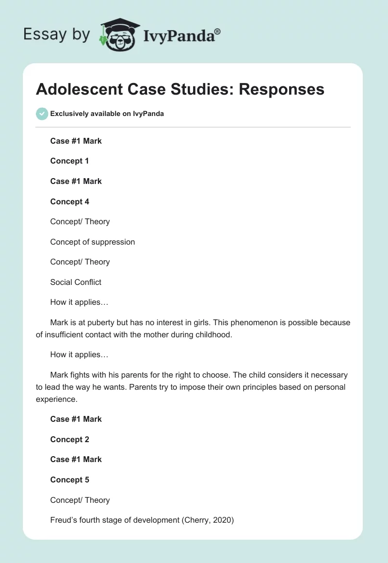 Adolescent Case Studies: Responses. Page 1