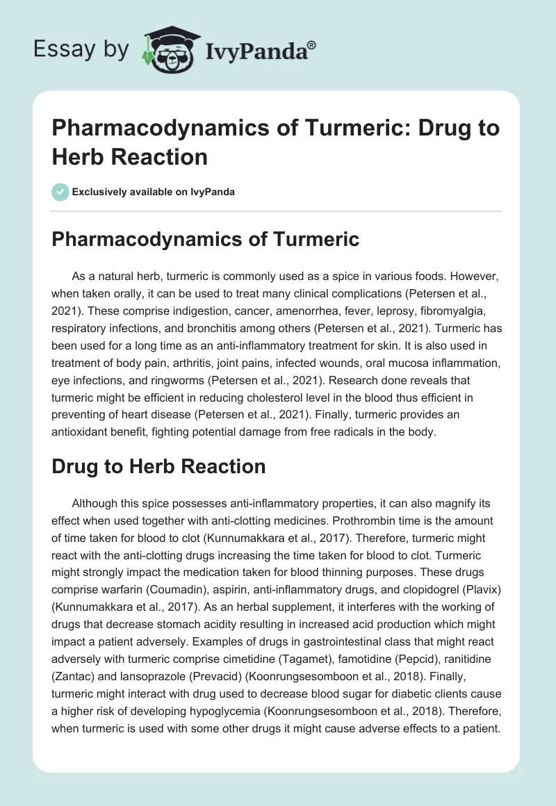 Pharmacodynamics of Turmeric: Drug to Herb Reaction. Page 1