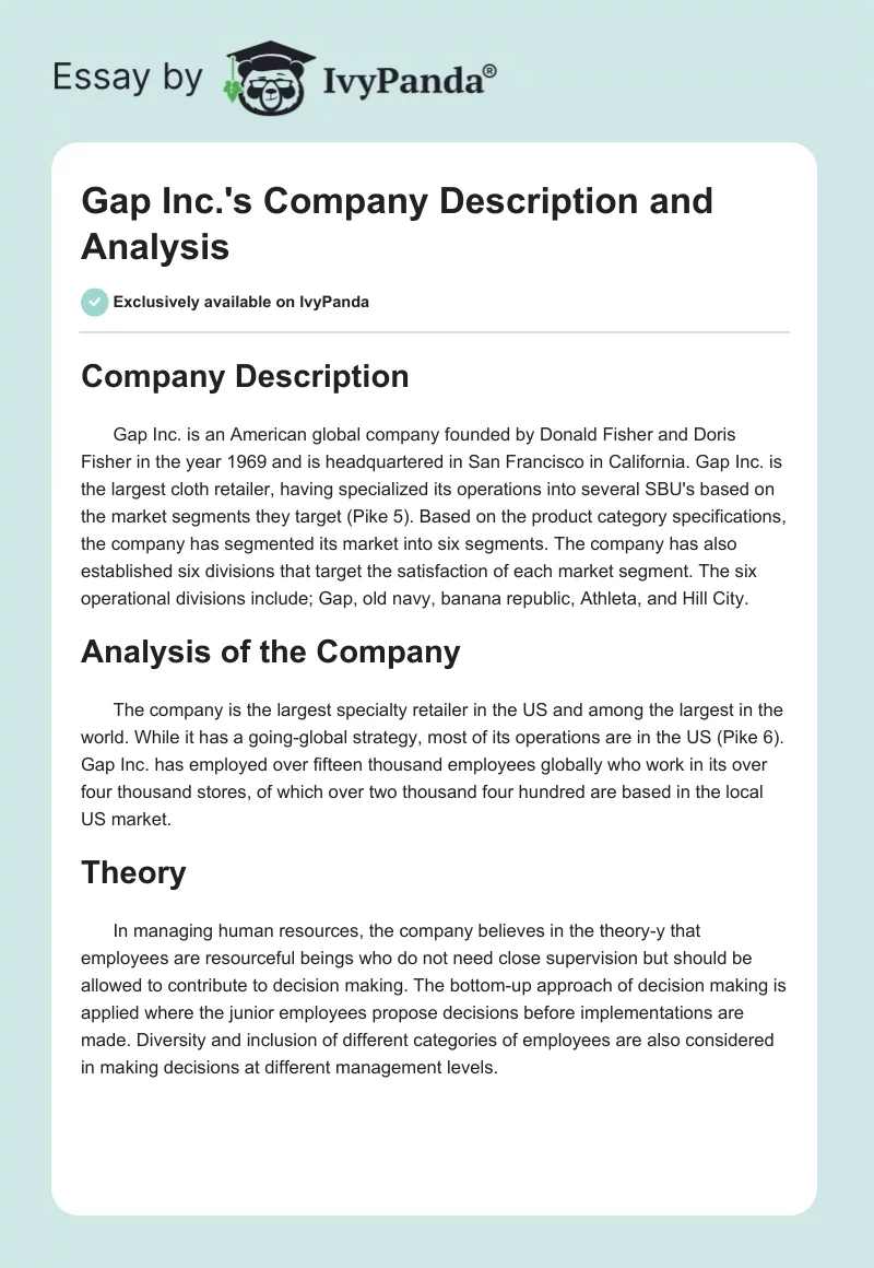 Gap Inc.'s Company Description and Analysis. Page 1