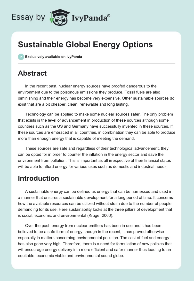 Sustainable Global Energy Options. Page 1