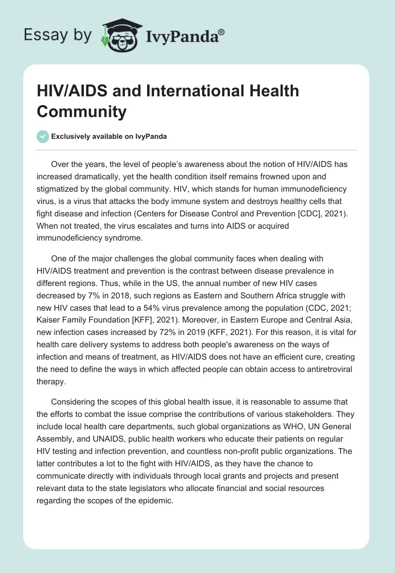 HIV/AIDS and International Health Community. Page 1