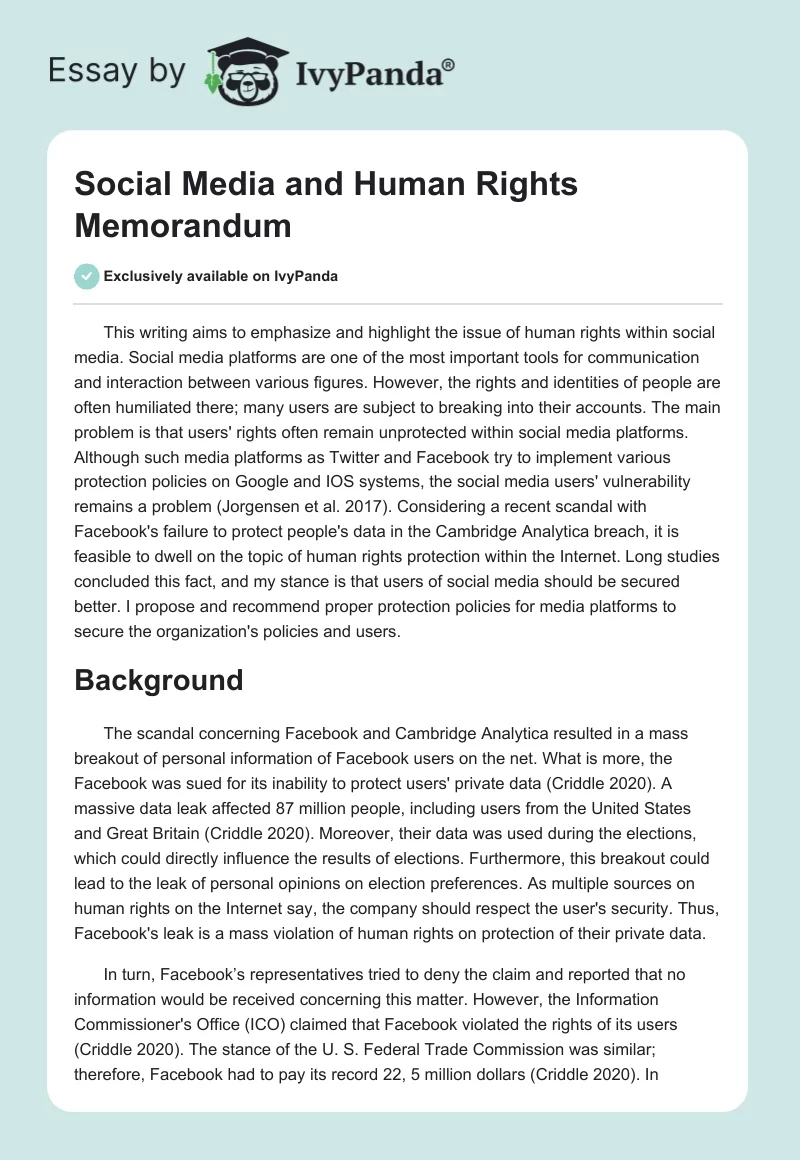 Social Media and Human Rights Memorandum. Page 1