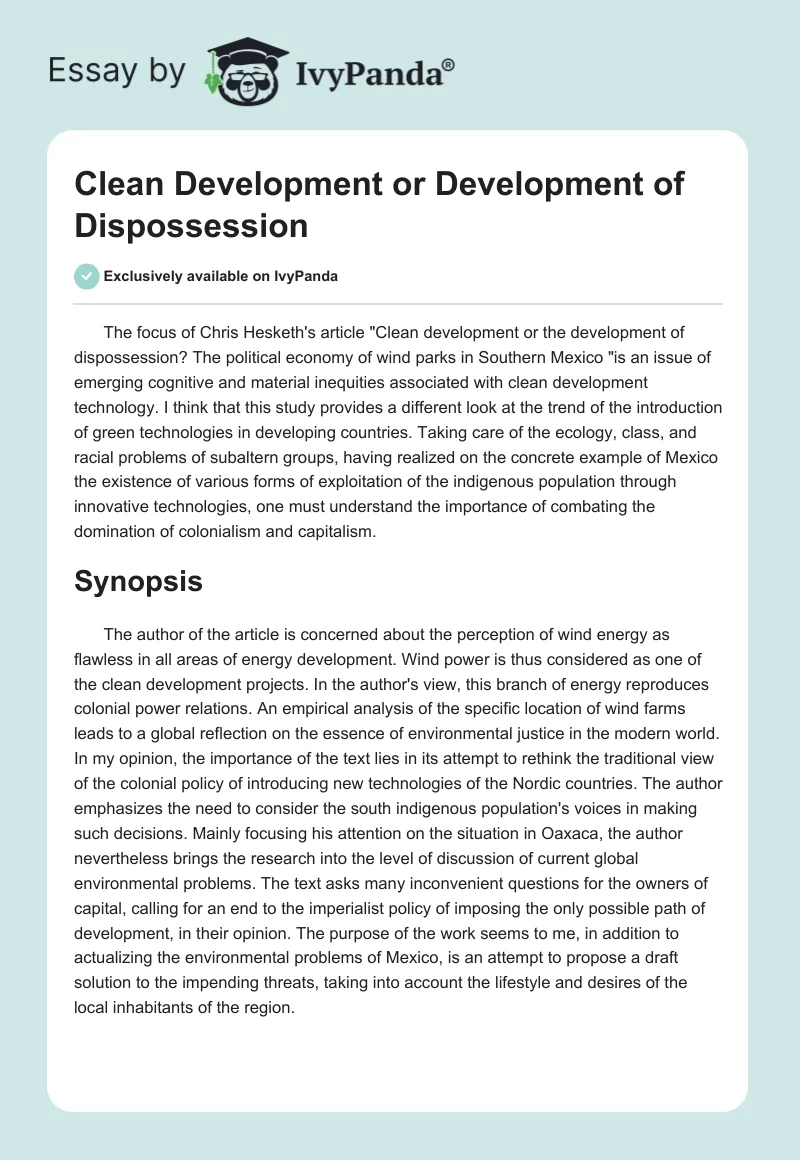 Clean Development or Development of Dispossession. Page 1