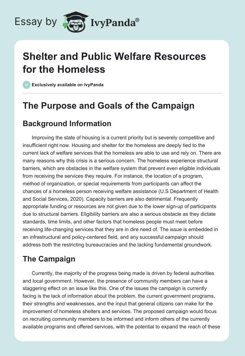 Shelter and Public Welfare Resources for the Homeless. Page 1