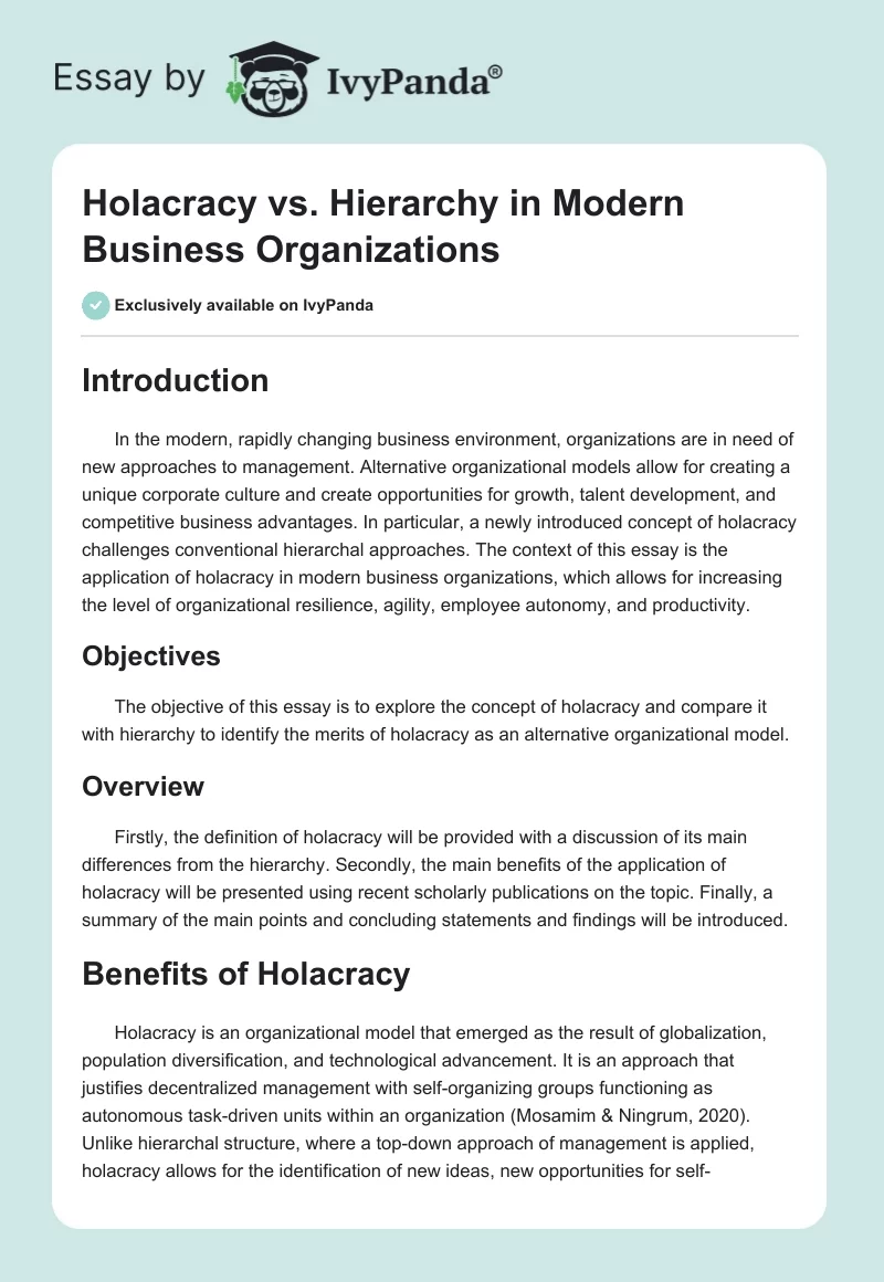 Holacracy vs. Hierarchy in Modern Business Organizations. Page 1
