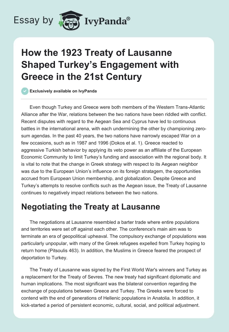 How the 1923 Treaty of Lausanne Shaped Turkey’s Engagement with Greece in the 21st Century. Page 1