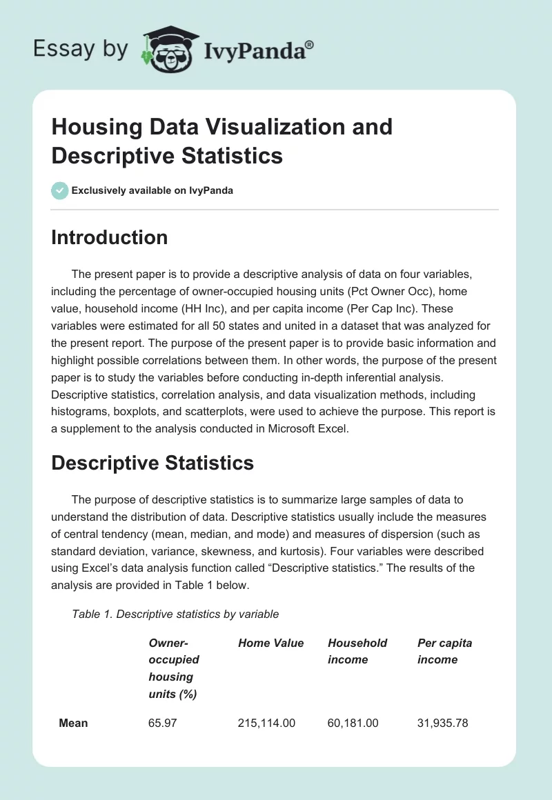 Housing Data Visualization and Descriptive Statistics. Page 1