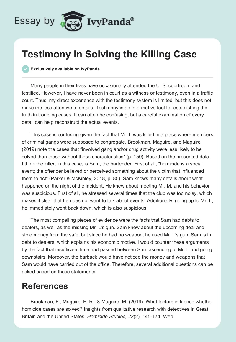 Testimony in Solving the Killing Case. Page 1