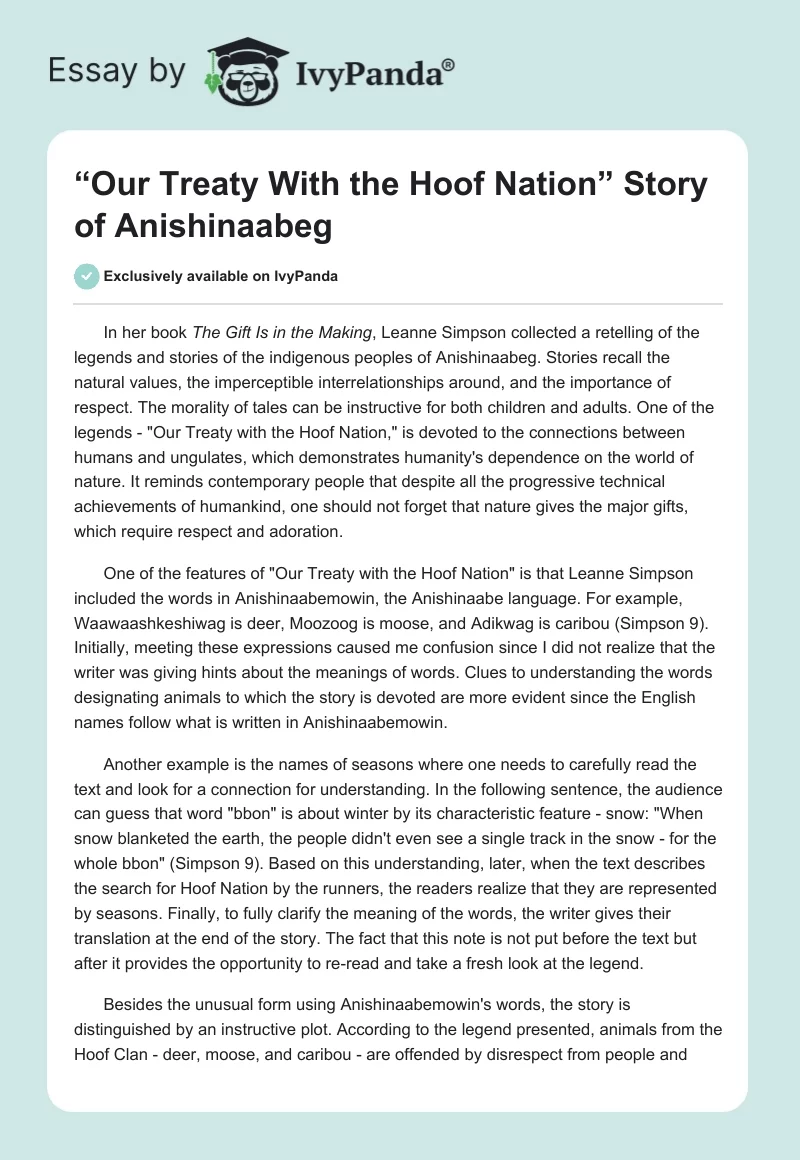 “Our Treaty With the Hoof Nation” Story of Anishinaabeg. Page 1
