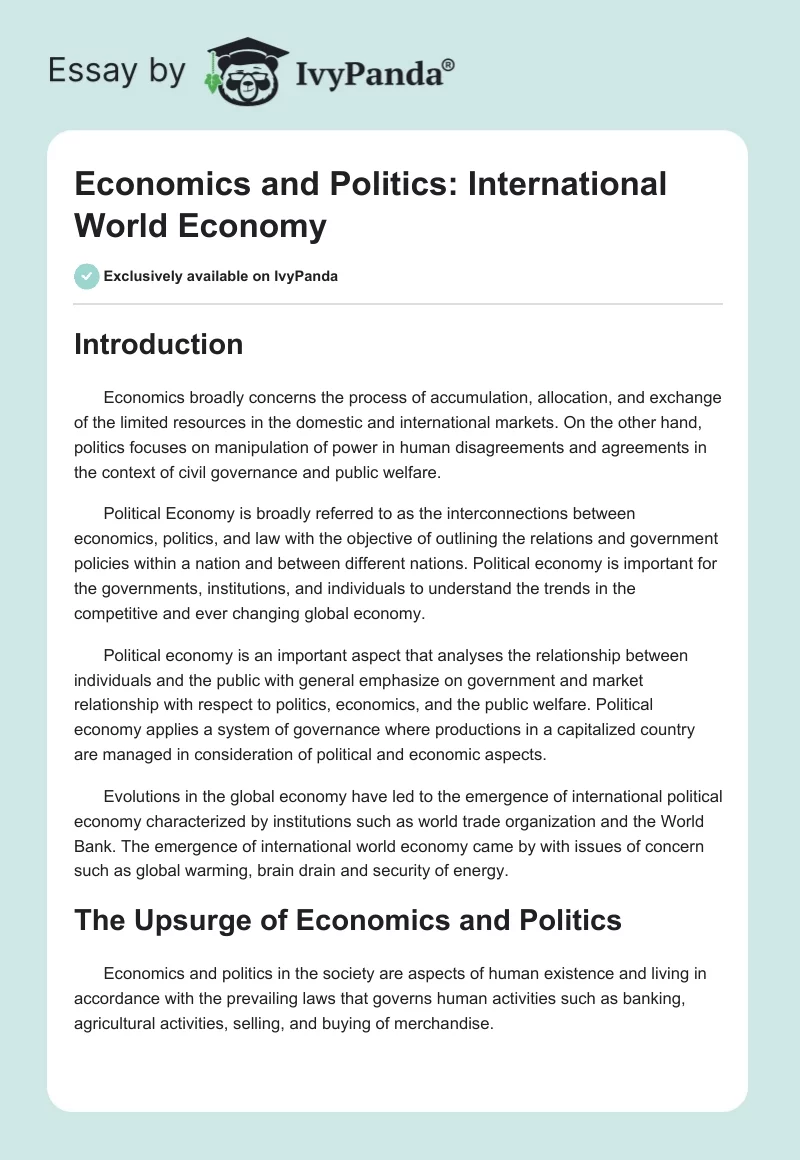 Economics and Politics: International World Economy. Page 1