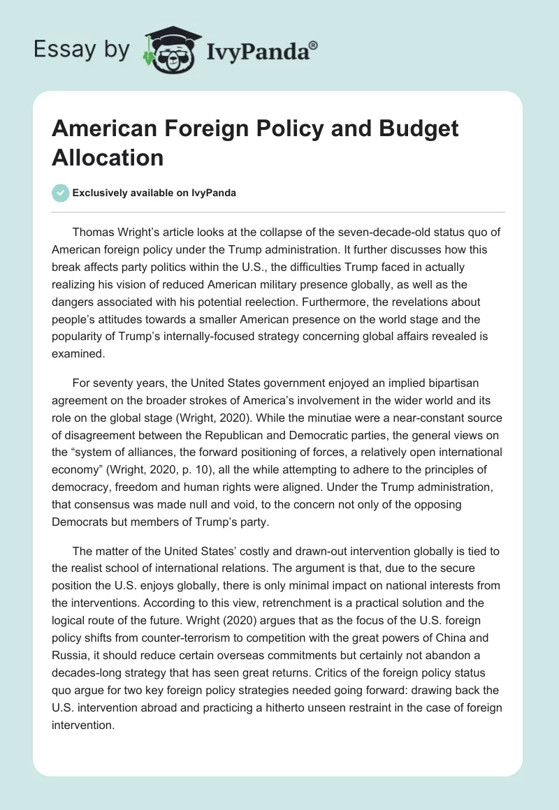 American Foreign Policy and Budget Allocation. Page 1