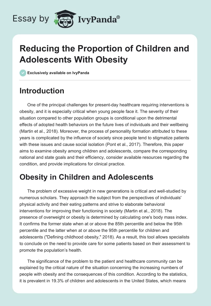 Reducing the Proportion of Children and Adolescents With Obesity. Page 1