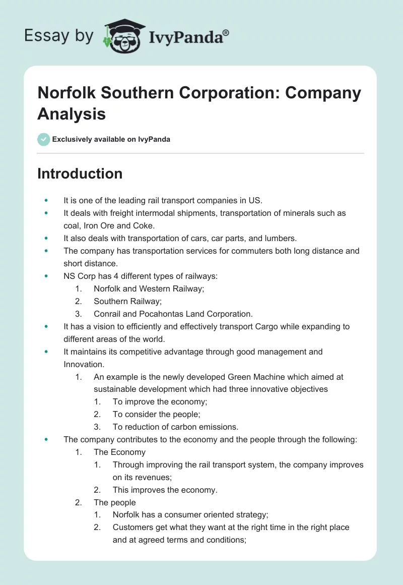 Norfolk Southern Corporation: Company Analysis. Page 1