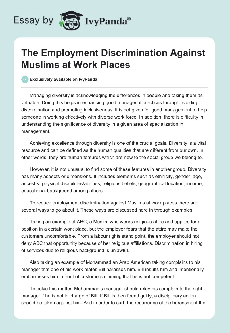 The Employment Discrimination Against Muslims at Work Places. Page 1