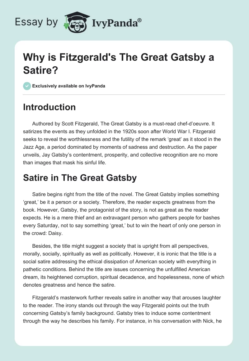 Why is Fitzgerald's The Great Gatsby a Satire?. Page 1