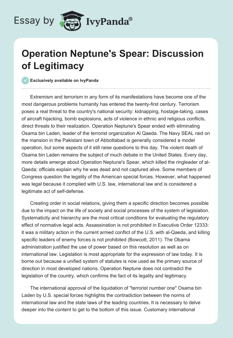 Operation Neptune's Spear: Discussion of Legitimacy. Page 1