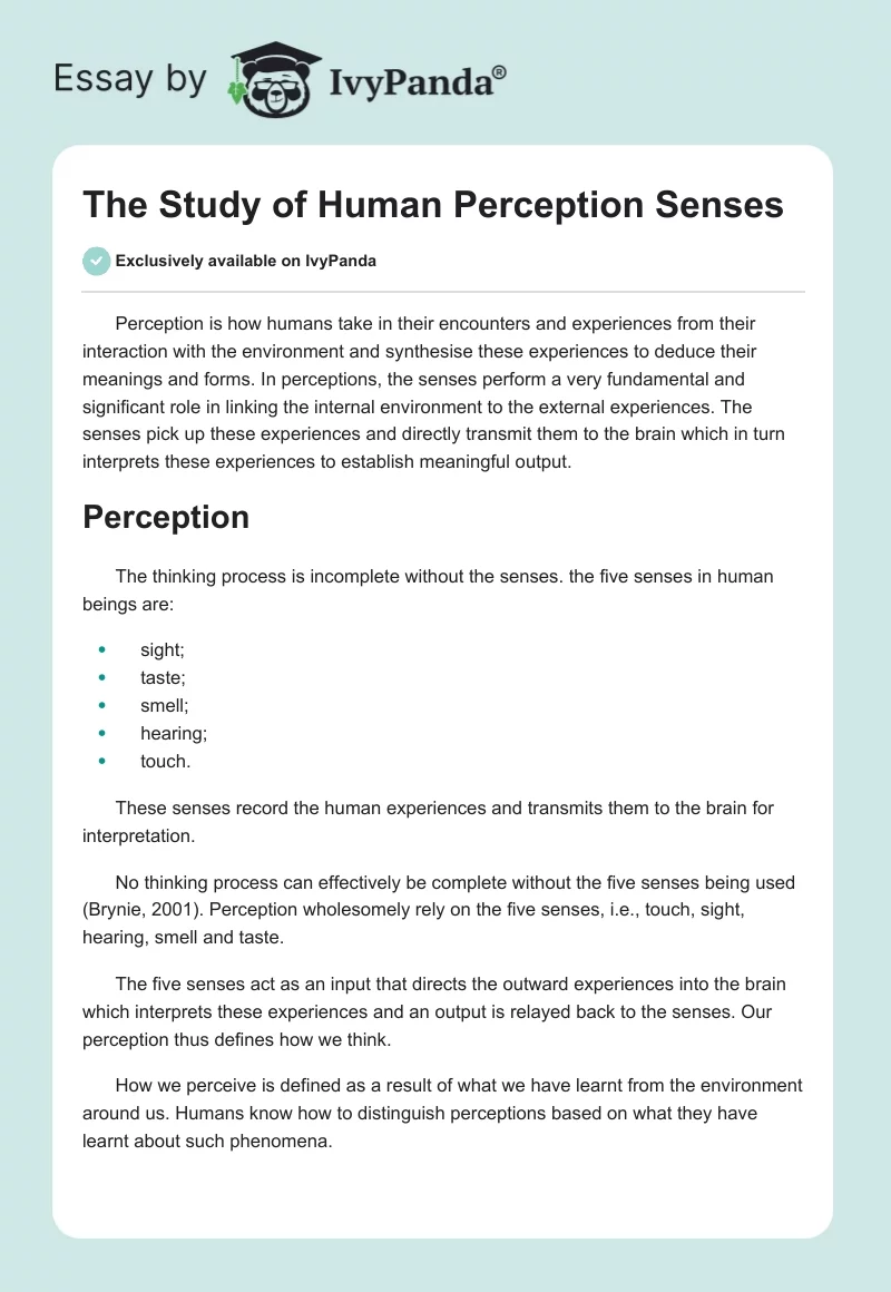 The Study of Human Perception Senses. Page 1
