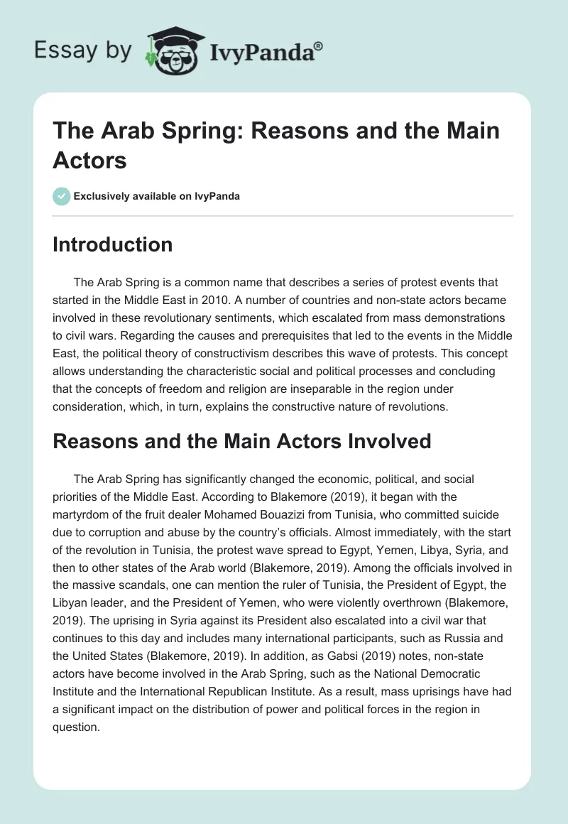 The Arab Spring: Reasons and the Main Actors. Page 1