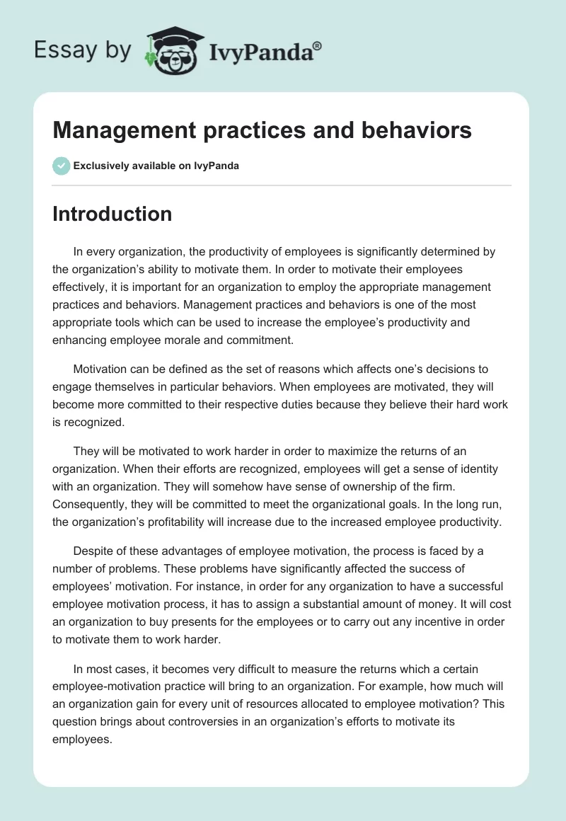 Management practices and behaviors. Page 1