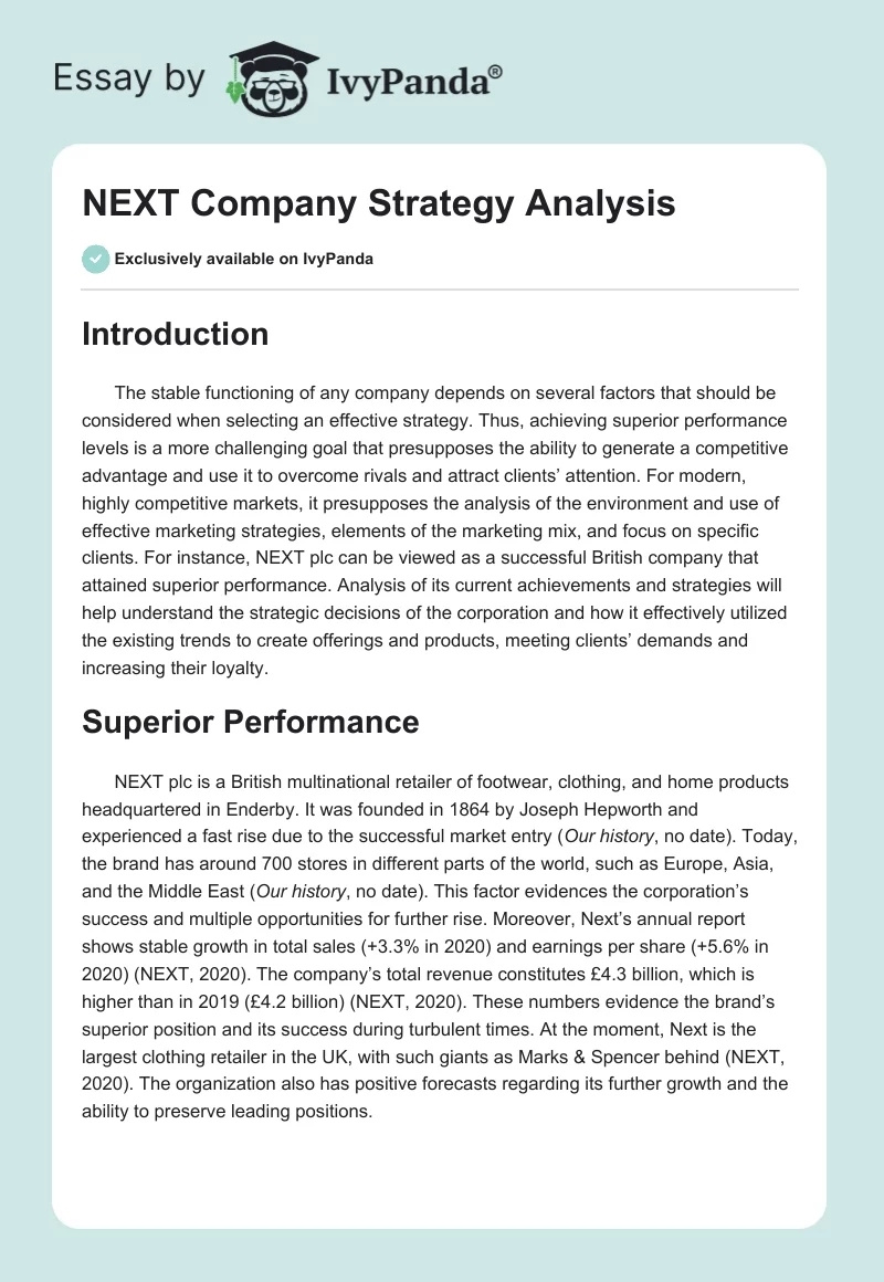 NEXT Company Strategy Analysis. Page 1
